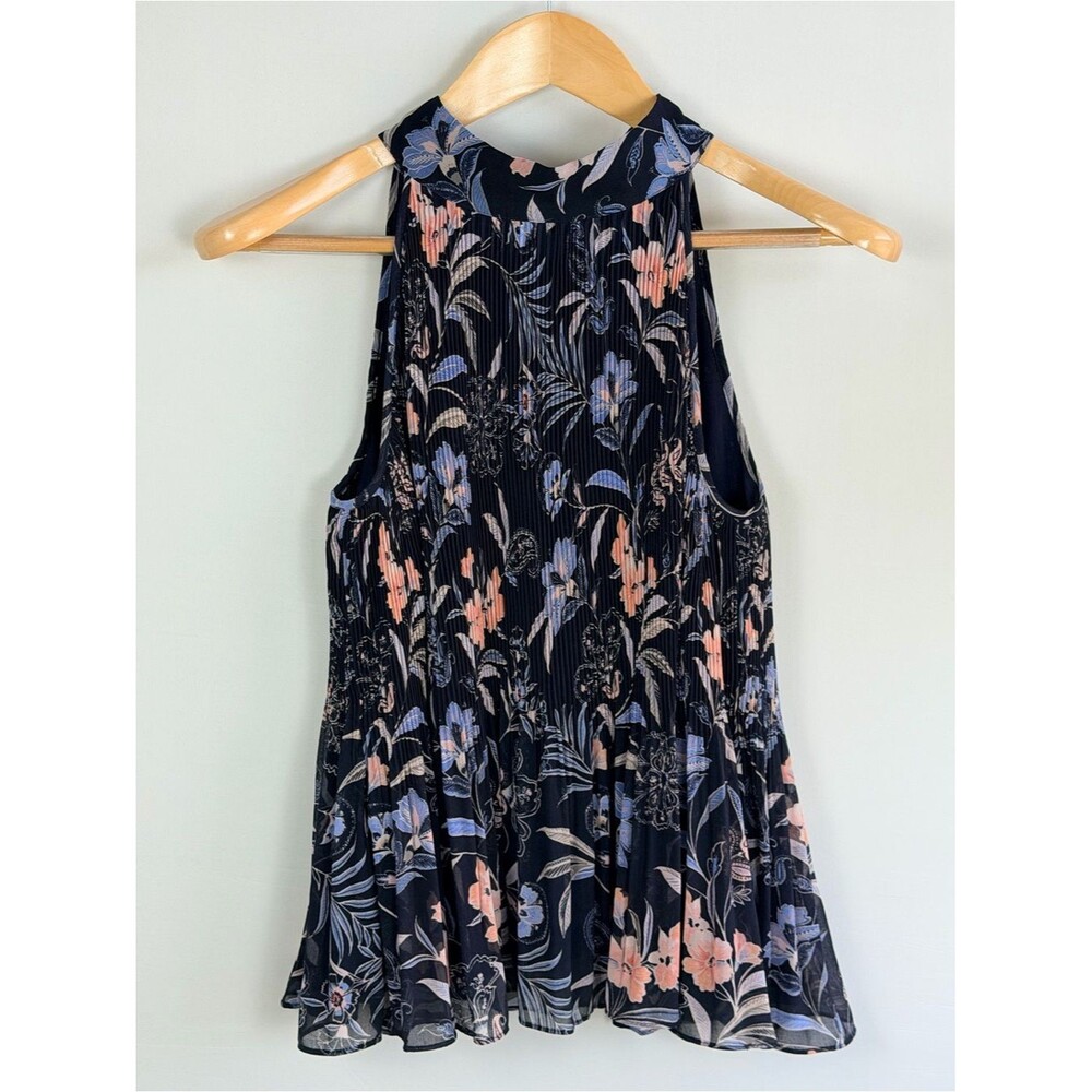 1. State Navy Floral Pleated Halter Tie Tank with Pink & Light Blue Accents